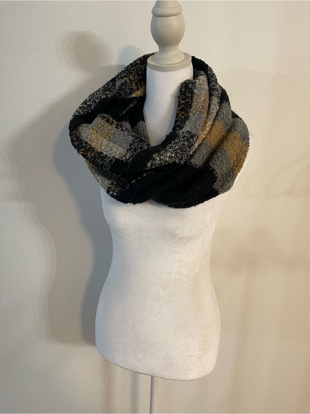 Plaid Loop Infinity Scarf - Black & Gray with Tan Accents